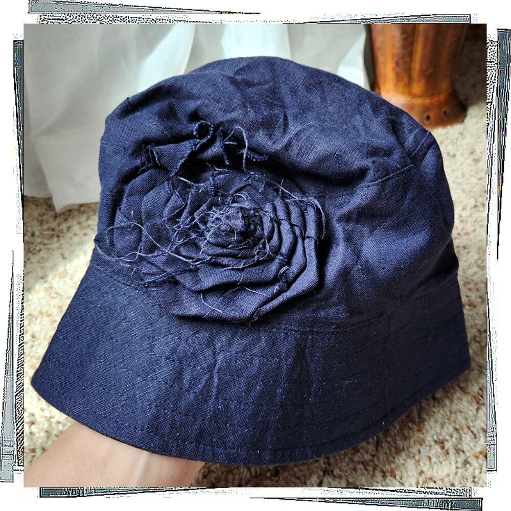 Anthropologie Navy Blue Hat with Floral Detail